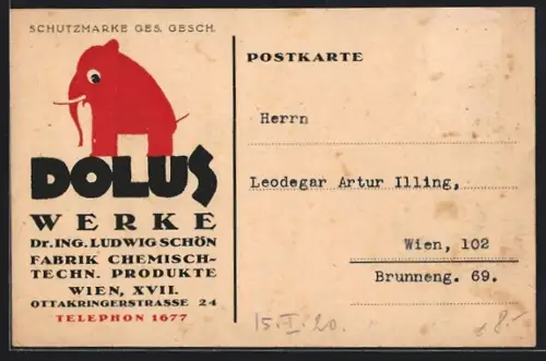 AK Wien, Doluswerke Dr. Ludwig Schön, Ottakringerstrasse 24, Firmensignet Elefant
