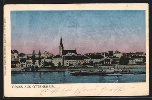 AK Ottensheim, Ortspanorama mit Dampfer vom Wasser aus