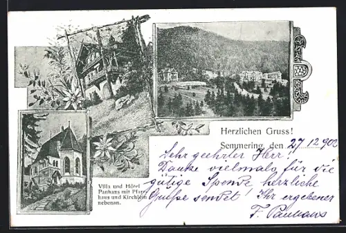 AK Semmering, Villa u. Hotel Panhans mit Pfarrhaus u. Kirchlein, Edelweiss