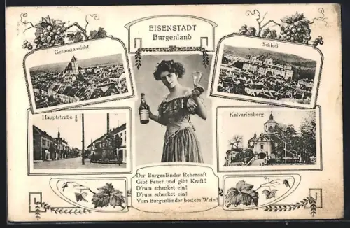 AK Eisenstadt, Mädchen mit Weinflasche, Mehrfachansichten mit Kirche, Strassenszene, Panorama