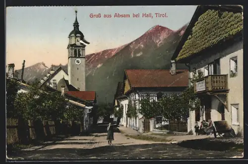 AK Absam bei Hall, Strassenpartie mit Turm und Geschäftshaus