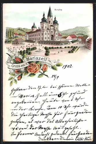 Lithographie Mariazell, Kirche mit Strassenpartie