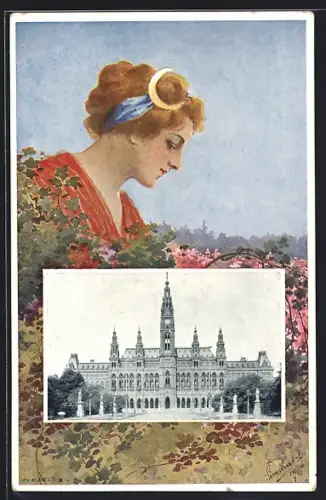 AK Wien, Schottenring, Dame mit Halbmondhaarspange