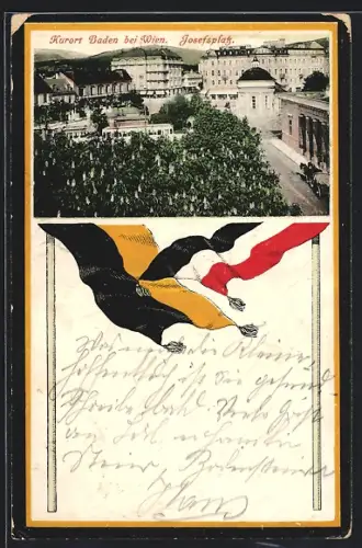 AK Baden bei Wien, Josefsplatz, Fahnen, Passepartout