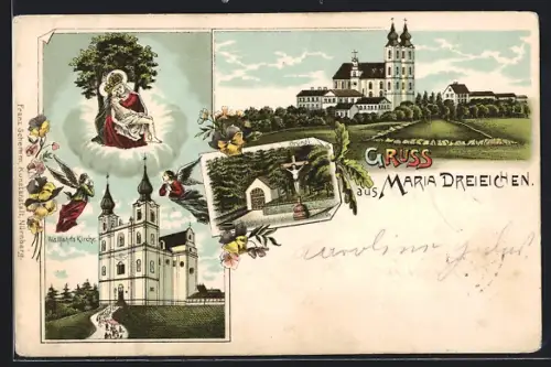 Lithographie Maria Dreieichen, Wallfahrts-Kirche mit Gnadenbild, Jesuskreuz, Ortspartie