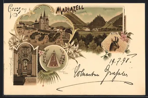 Lithographie Mariazell, Wallfahrtskirche, Hochaltar, Gnadenbild