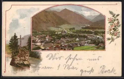 Lithographie Bad Ischl, Teilansicht mit Kirche, Jesuskreuz