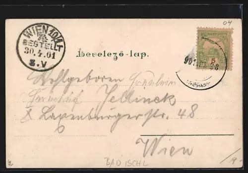 Lithographie Bad Ischl, Teilansicht mit Kirche, Jesuskreuz