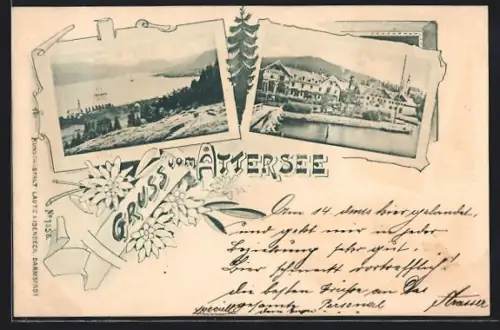 AK Attersee, Hotel mit Steg, Totalansicht, Edelweiss-Passepartout