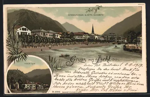 Lithographie Ischl, Sofienesplanade mit Hotel Elisabeth, Traun-Quai