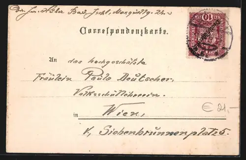 Lithographie Ischl, Sofienesplanade mit Hotel Elisabeth, Traun-Quai