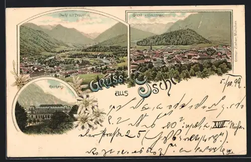 Lithographie Ischl, Gesamtansichten des Ortes mit Traunthal u. Gassner, Kurhaus