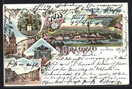 Lithographie Braunau am Inn, Palm Denkmal, Stadthaus, neue Innbrücke