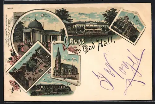 Lithographie Bad Hall, Neue Pfarrkirche, Tasilo-Jodquelle, Trinkhalle