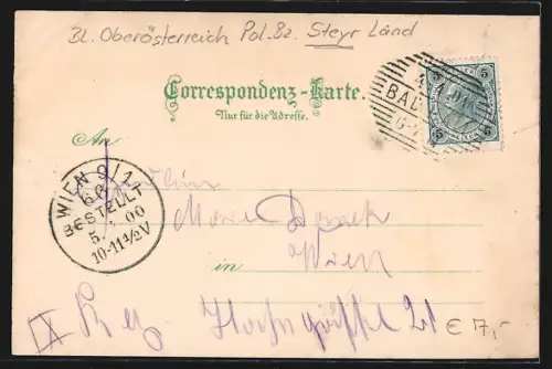 Lithographie Bad Hall, Neue Pfarrkirche, Tasilo-Jodquelle, Trinkhalle