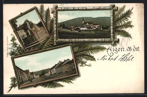 AK Aigen /Ob. Öst., Strassenpartie im Ort, Blick zur Kirche
