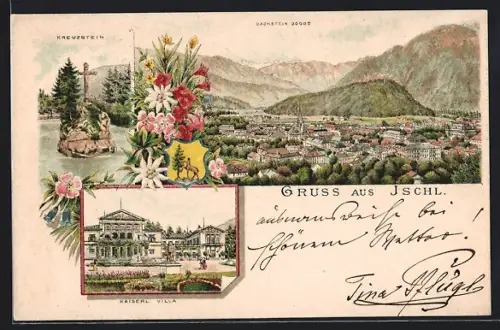 Lithographie Ischl, Kaiserl. Villa, Kreuzstein, Dachstein vom Ort aus gesehen