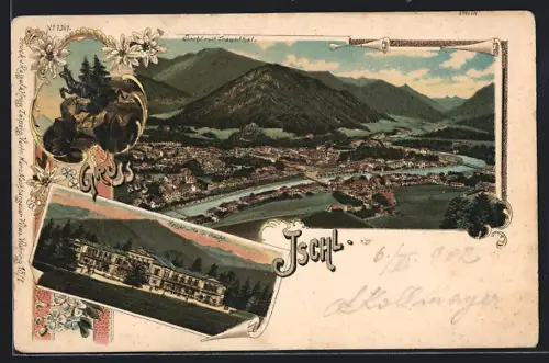 Lithographie Ischl, Kaiservilla, Gesamtansicht mit Traunthal