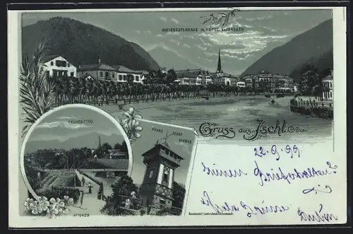 Mondschein-Lithographie Ischl, Sofienesplanade mit Hotel Elisabeth, Franz Josef Warte, Rechensteg