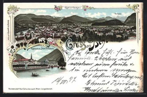 Lithographie Ischl, Esplanade mit Hotel Elisabeth, Teilansicht mit Dachstein