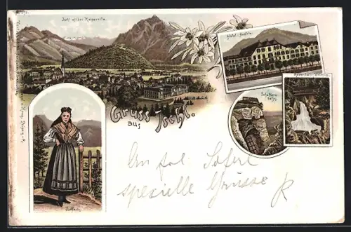Lithographie Bad Ischl, Hotel Austria, Ortsansicht mit Kaiservilla