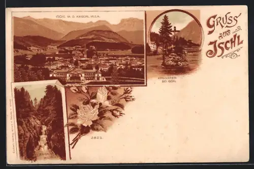 Lithographie Ischl, Kreuzstein, Panorama mit Kaiserlicher Villa, Rettenbach-Wildnis
