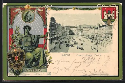 Passepartout-Lithographie Linz a.d. Donau, Franz Josef Platz, Wappen