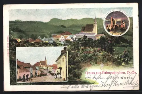 AK Pabneukirchen /O.-Oe., Strassenpartie mit Blick zur Kirche, Ruine