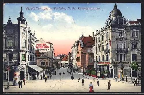 AK St. Pölten, Kremserstrasse mit Hotel Kaiserin und Litfasssäulen
