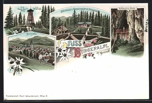 Lithographie Mariazell, Gasthaus Bürgeralpl, Franz Karls Hohe, Hohlenstein-Grotte