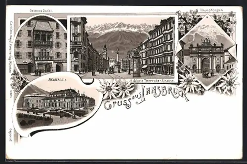 Lithographie Innsbruck, Maria Theresia-Strasse, Triumphbogen, Goldenes Dachl