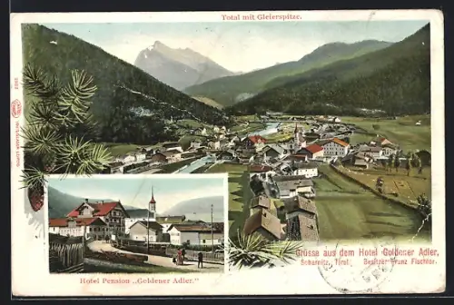 AK Scharnitz, Totale mit Gleierspitze, Hotel Pension Goldener Adler, Bes. Franz Fischler