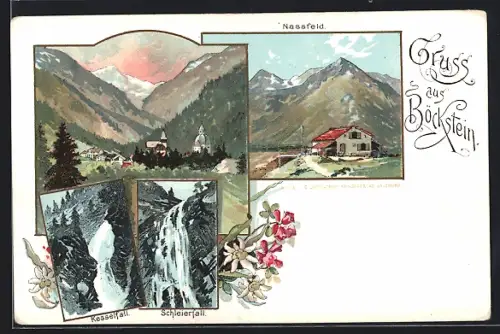 Lithographie Böckstein, Nassfeld, Panorama und die Wasserfälle Kesselfall und Schleierfall