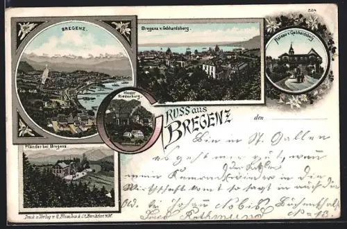 Lithographie Bregenz, Teilansicht, Pfänder, Plateau v. Gebhardsberg