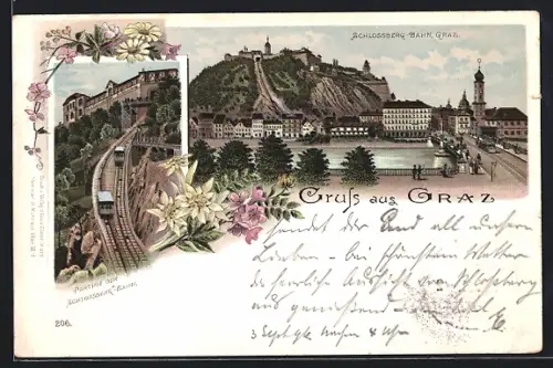 Lithographie Graz, Schlossbergbahn, Totalansicht