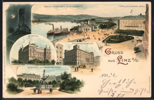 Lithographie Linz a. D., Hotel Erzherzog Carl, Museum, Sparkassengebäude, Marktplatz m. Neptunbrunnen
