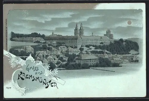 Mondschein-Lithographie Kremsmünster, Ortsansicht im Vollmondlicht