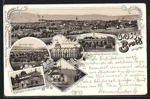 Lithographie Bruck a. d. Leitha, Barackenlager, Schloss Harach, Hauptwache im Barackenlager, Wache im neuen Lager