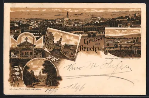 Lithographie Bruck /Leitha, Lager-Hauptwache, Schloss Harrach, Kirchengasse, Lager-Baraken, Totalansicht
