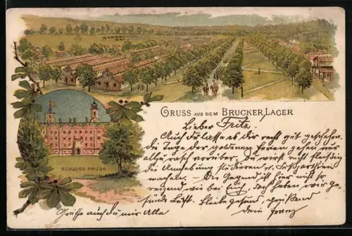 Lithographie Brucker Lager, Ortsansicht und Schloss Prugg