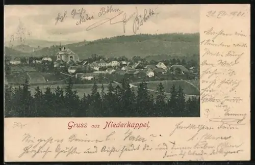 AK Niederkappel, Ortsansicht über Nadelbäume hinweg