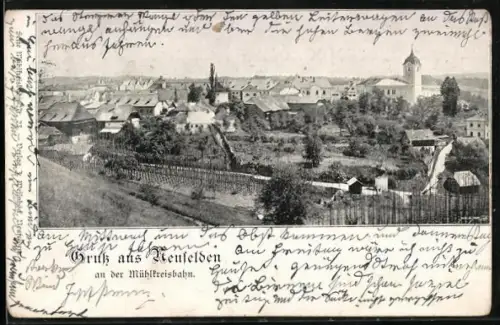 AK Neufelden an der Mühlkreisbahn, Totalansicht mit Strasse von einer Anhöhe aus