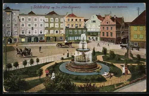 AK Schärding, Oberer Stadtplatz mit Rathaus und Falterbauer`s Gasthaus