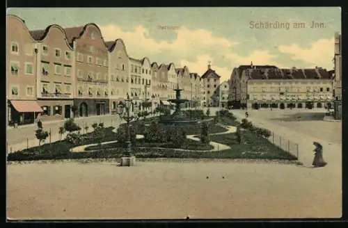 AK Schärding am Inn, Stadtplatz mit Brunnen