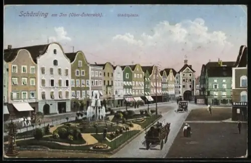 AK Schärding, Stadtplatz mit Kutsche und Anlage