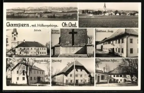 AK Gampern, Panorama, Schule, Gasthaus Gugg & Gasthaus Kofler