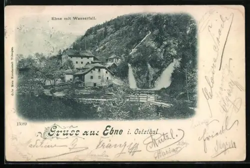 AK Oetz, Gruss aus Ebne im Oetztal, Ortspartie mit Wasserfall