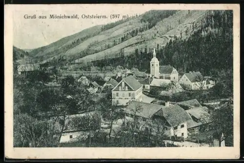 AK Mönichwald, Ortsansicht mit Kirche