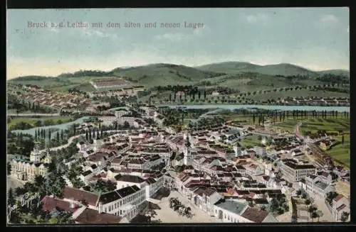 AK Bruck a. d. Leitha, Ortsansicht mit altem und neuem Lager