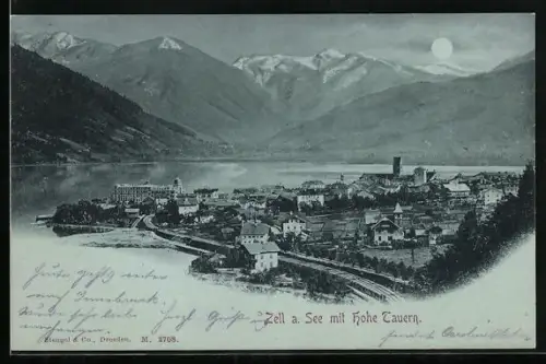 Mondschein-AK Zell a. See, Ortsansicht mit Zeller See gegen die Hohen Tauern